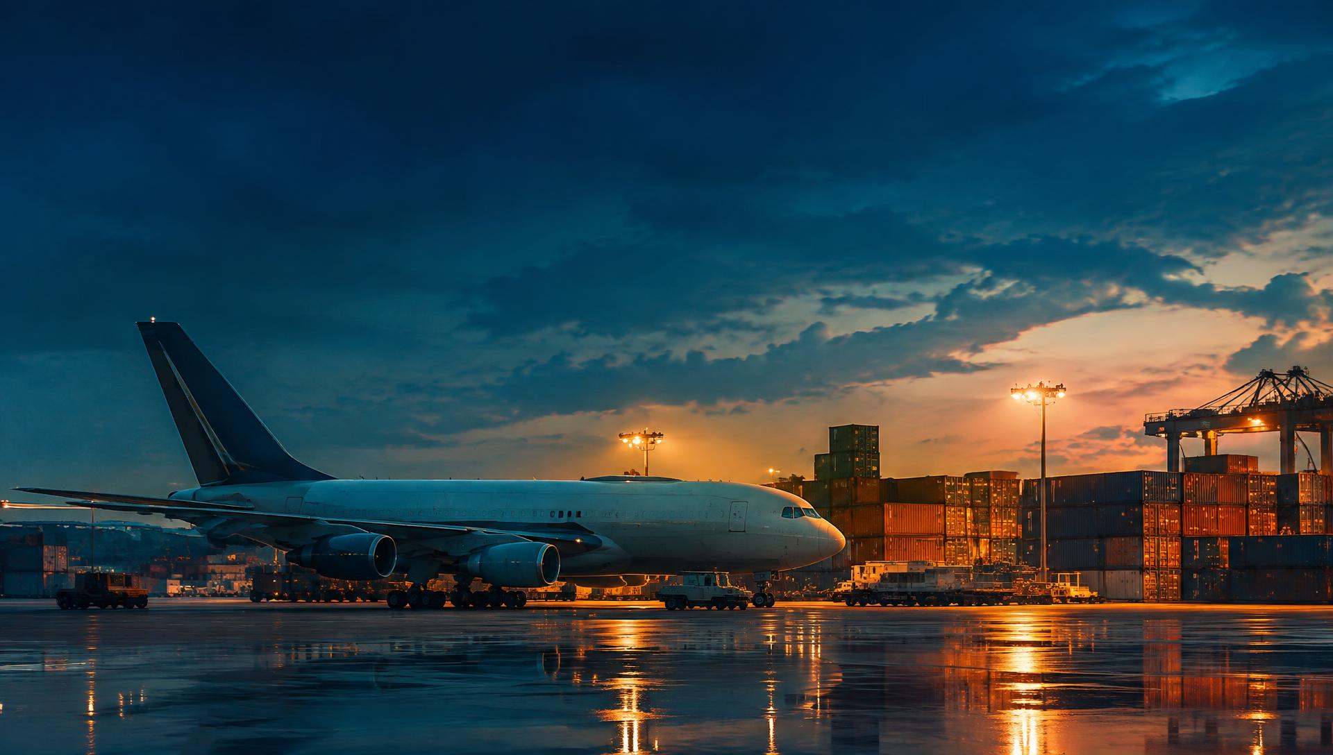 Cargo aircraft and shipping containers at an international logistics hub at dusk